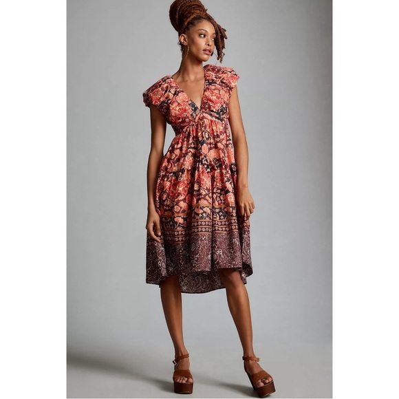 ANTHROPOLOGIE Floral Pleated Bodice Tiered V-Neck Babydoll Dress Red Size 8 NWT - Picture 4 of 9